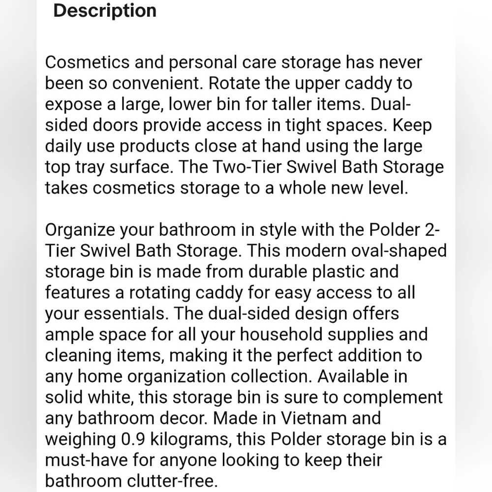Polder 2-Tier Swivel Bath Storage. New In Packaging. Never Used.